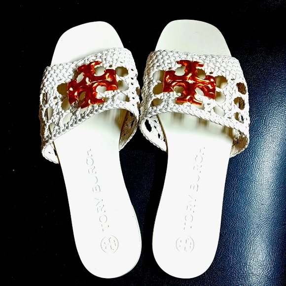white Tory Burch Eleanor Woven slides - Picture 1 of 2